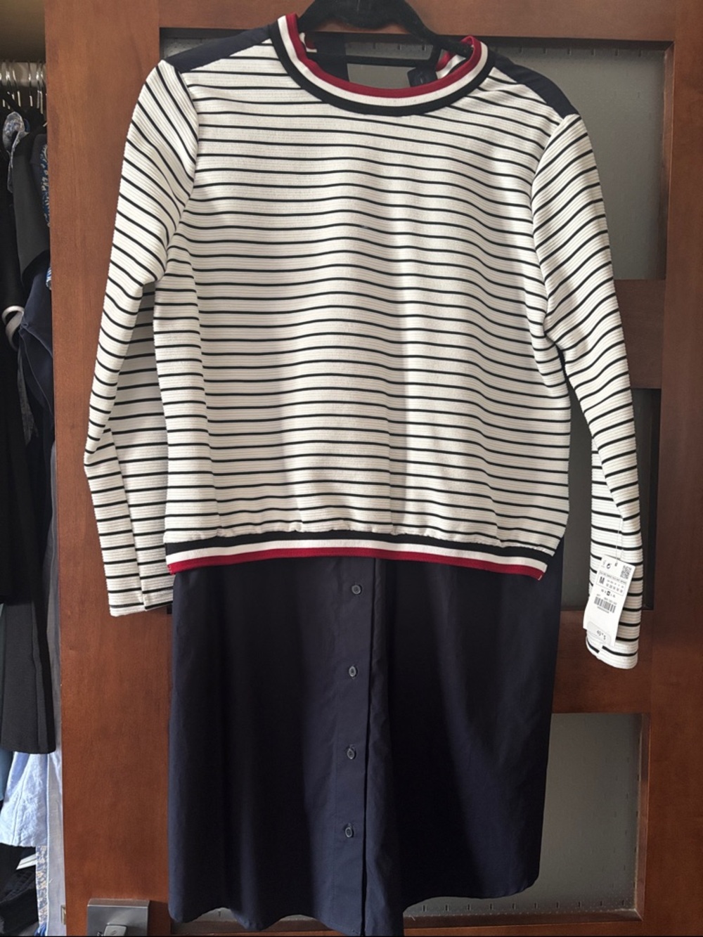 Zara White and Navy Striped Mini Dress with Red Trim